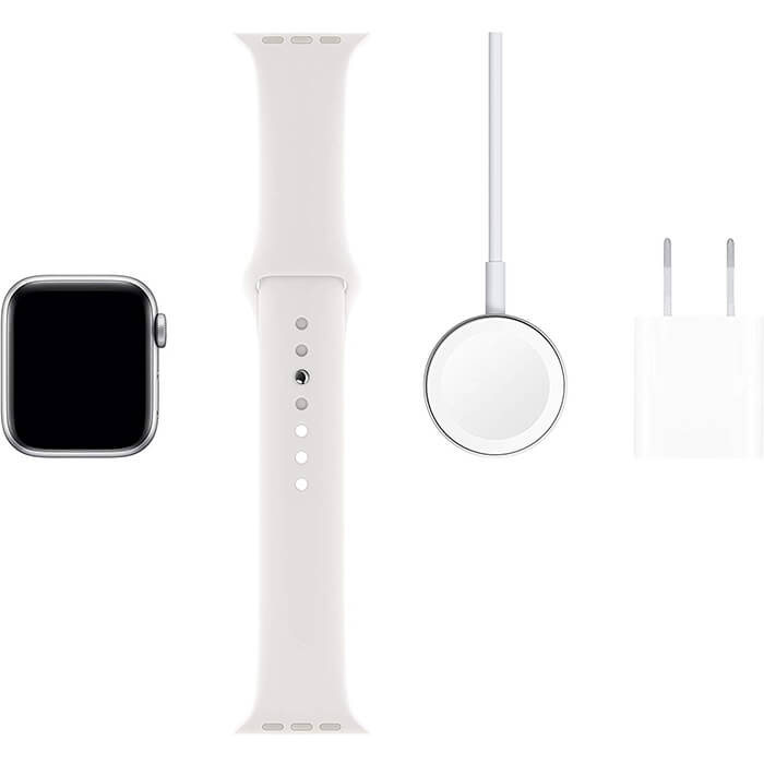 ساعت مچی هوشمند اپل واچ 5 44 میلیمتر نقره ای با بند لاستیکی سفید