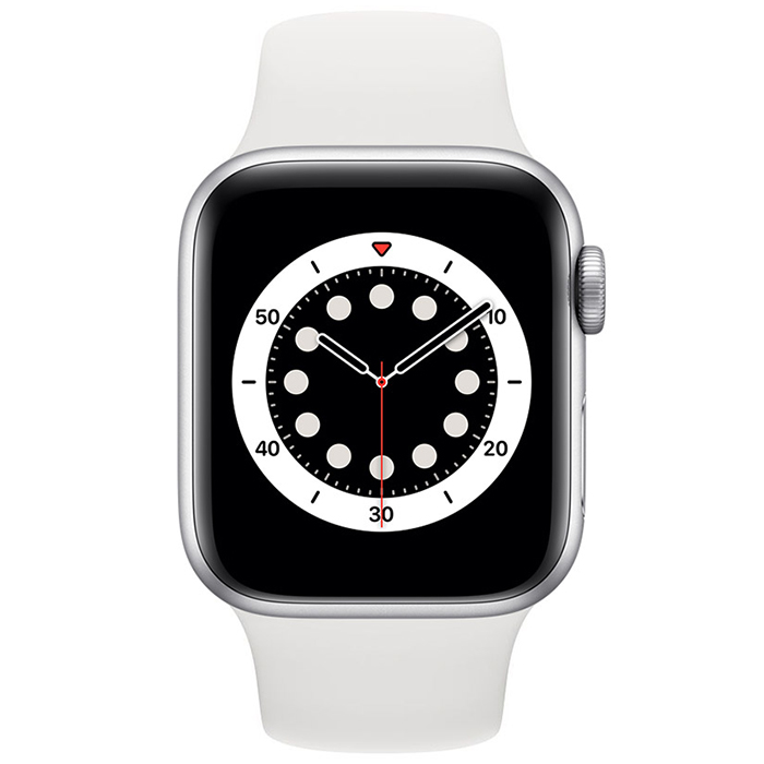 ساعت مچی هوشمند اپل واچ 6 44 میلیمتر نقره ای با بند لاستیکی سفید