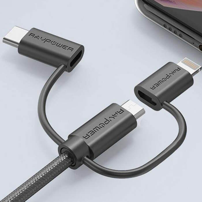 کابل تبدیل USB به لایتنینگ/ USB-C/ microUSB راو پاور RP-CB021 طول 1 متر