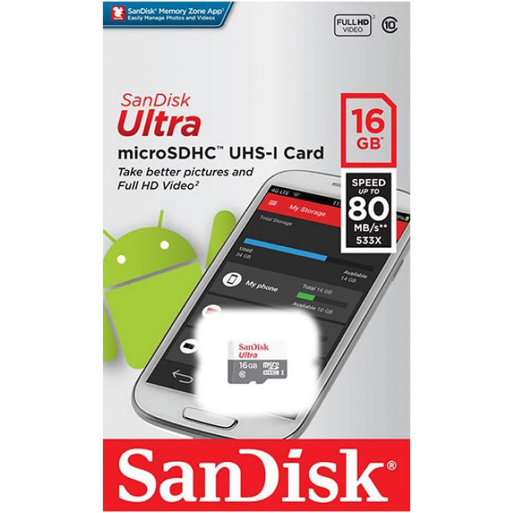 کارت حافظه سن دیسک Ultra microSDHC 80MB/s کلاس 10 ظرفیت 16 گیگابایت